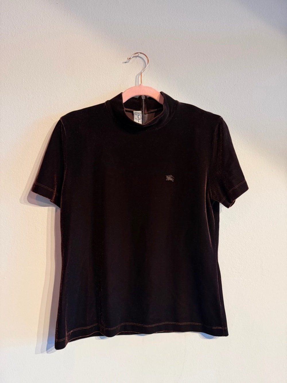 Vintage Burberry Brown Velvet Short-Sleeve Mock Neck Shirt